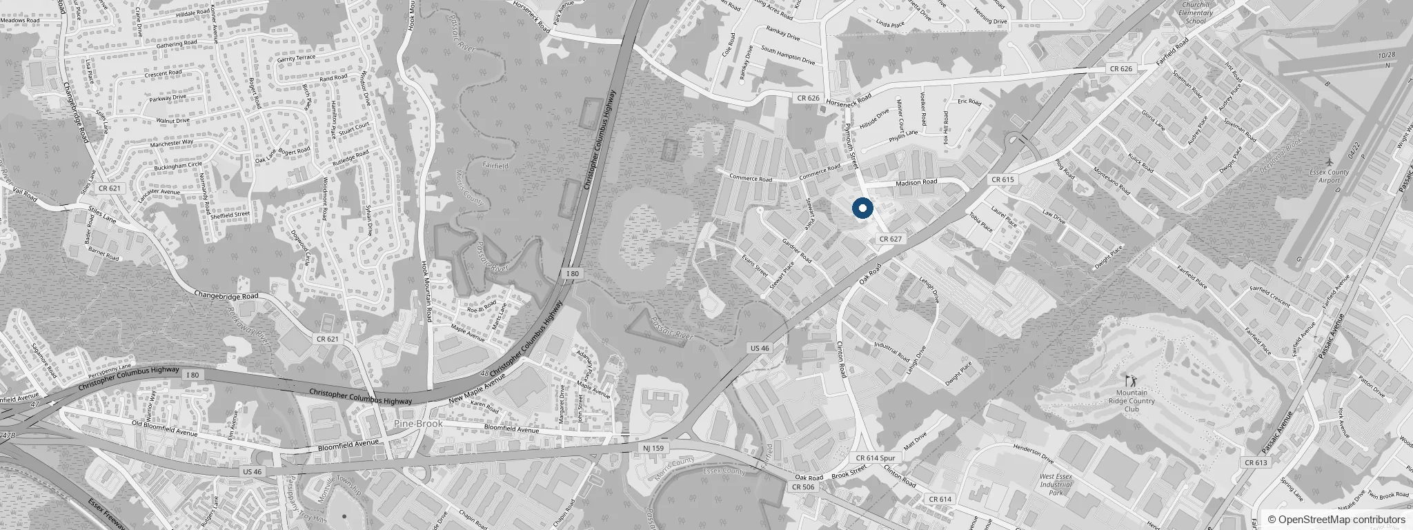 Map of Fairfield, New Jersey showing the In-Line AGM office on Plymouth Street, with US Route 46 running past it and Interstate 80 to the west.
