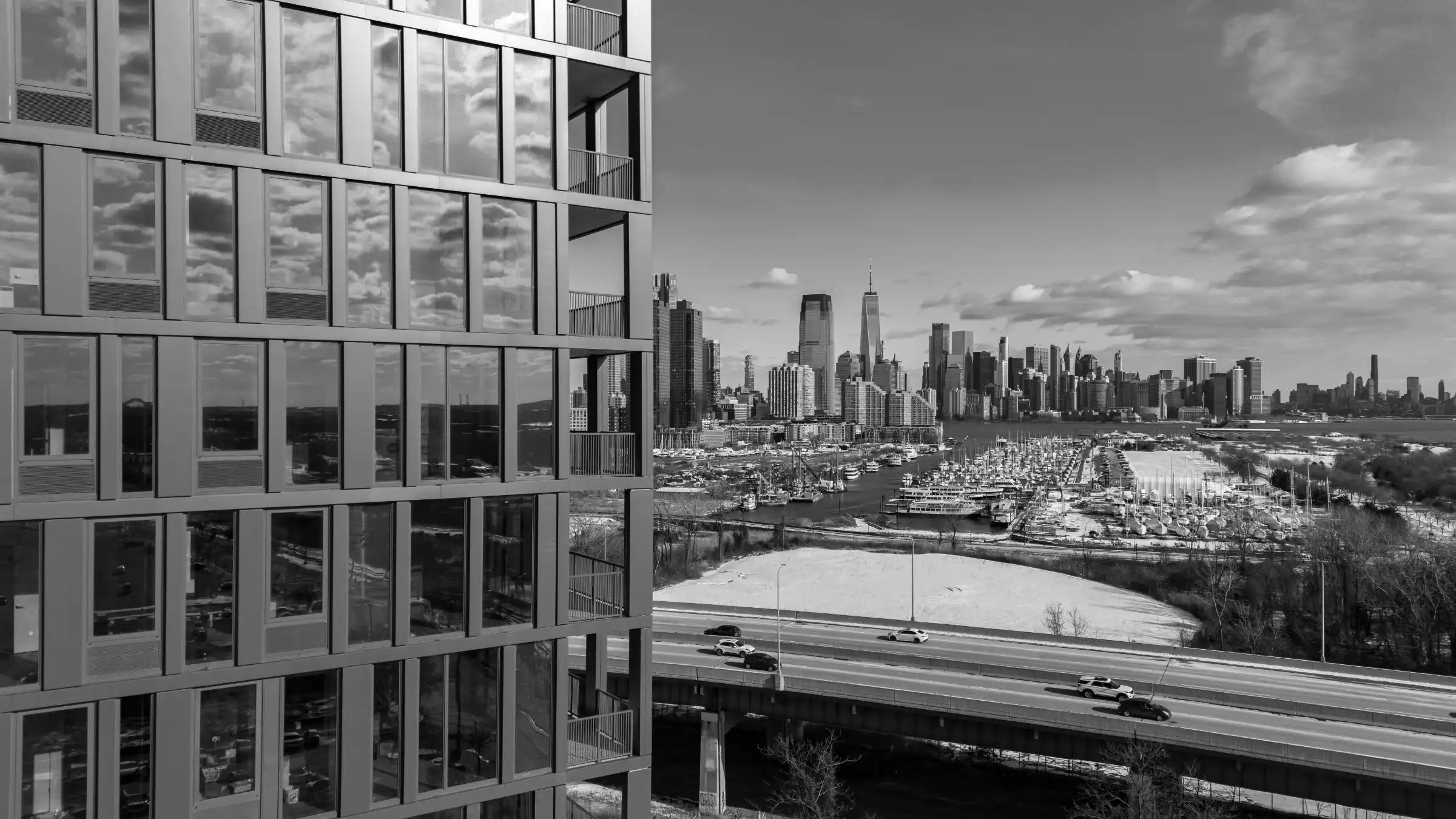 Johnston Avenue facade in Jersey City with the Manhattan skyline beyond